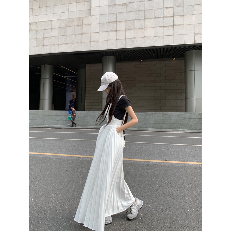 ☂☼┇gaun musim panas pantai putih tali selempang gaun musim panas wanita pinggang pelangsing rok lipit desain temperamen rok tali selempang chic rok panjang