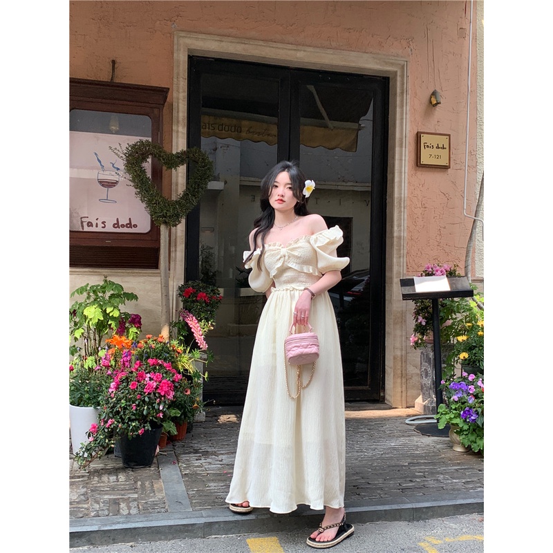 ♗✘Gaun Musim Panas Pantai Bahasa Perancis Busur One-Shoulder Puff Lengan Wanita Musim Semi dan Musim Panas Pinggang Pinggang Panjang rok A-Line