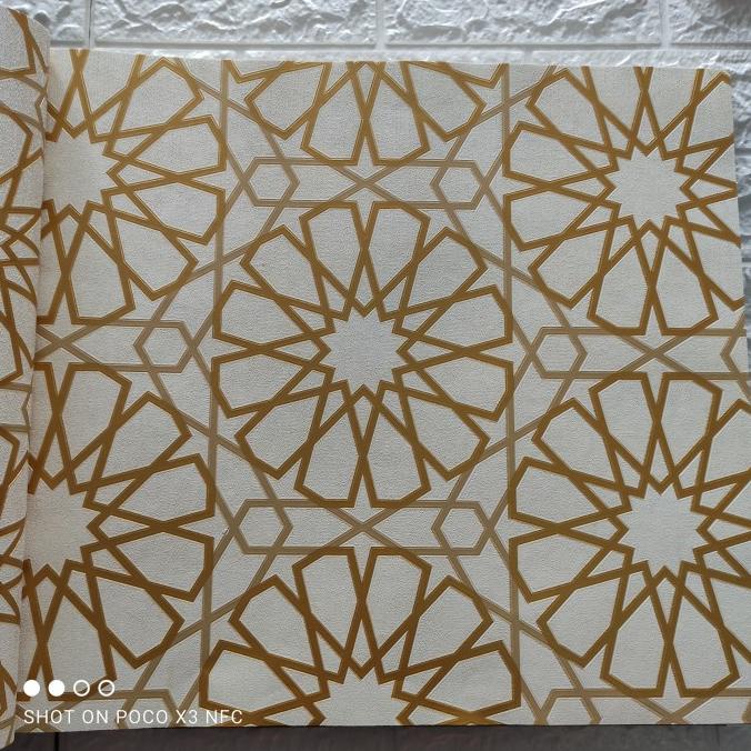 wallpaper dinding vinyl premium motif ornamen relief krem kuning full