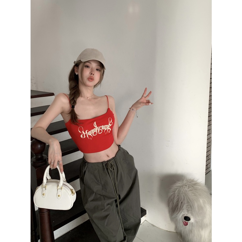 ❦▬۞Dipotong atas huruf cetak musim panas merah kecil kamisol pakaian luar wanita dengan bantalan dada seksi keinginan murni gaya babes top #COD