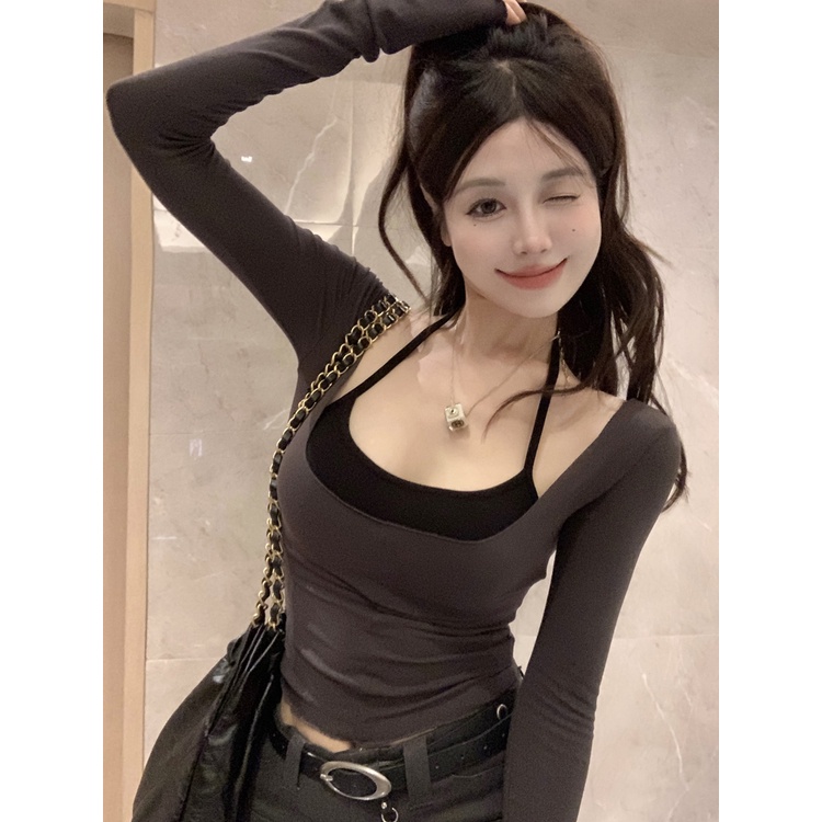 ☃✉♝setelan gadis hot cropped top dengan rompi leher halter di musim semi kemeja bottoming ketat gaya barat putih lengan panjang T-shirt top untuk pakaian luar wanita #COD