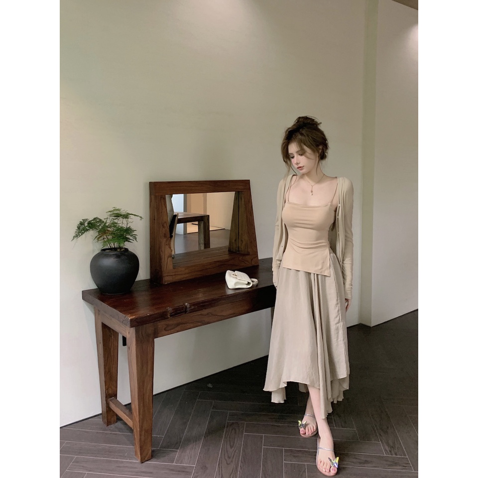 ✱✣Cropped top summer fashion suit celah dada pad kamisol tidak beraturan atas rok retro lengan panjang untuk wanita #COD