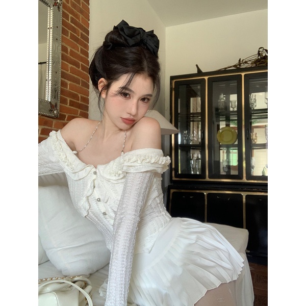 ✖۩❈cropped top white suspender ruffled top women s design sense niche pure desire one-neck shirt slim spring and summer chiffon shirt #COD