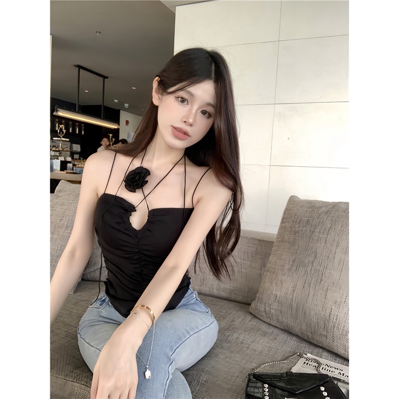 ◙┅Cropped top Pure Desire Spice Girls Holiday Style Flower Sling Wanita Dilipat Slim Halter Neck Small Shirt Top Musim Panas Warna Solid Vest Base #COD