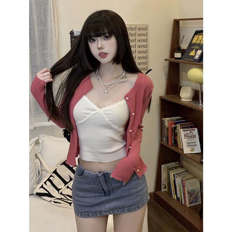 ◇✕cropped top desain renda musim panas kamisol wanita hitam bottoming lengan panjang atas kardigan rajutan jas jaket Korea #COD