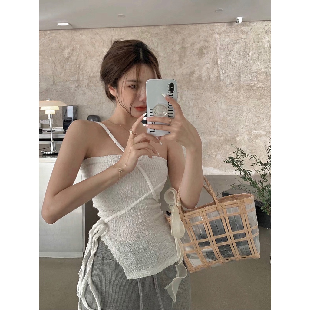 ℡Cropped top pendek hot girl tube top menunjukkan celah tipis kamisol kamisol lipit wanita dikenakan di luar gaya Korea halter top musim semi dan musim panas #COD