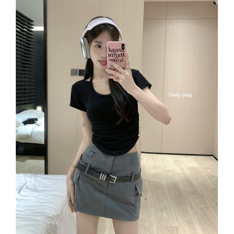 Suhao murni keinginan untuk berhati-hati mesin menggantung leher dasi bahu lengan pendek t-shirt wanita musim panas slim fit hot girl short top in tide kaos impor wanita kaos wanita gaya korea lengan pendek kaos pendek perempuan