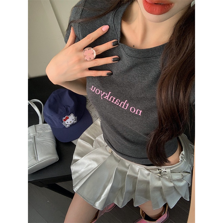 Suhao hot girl print American retro short-sleeved T-shirt women s summer design sense niche slim grey shoulder short top kaos import wanita kaos wanita gaya korea lengan pendek kaos pendek perempuan