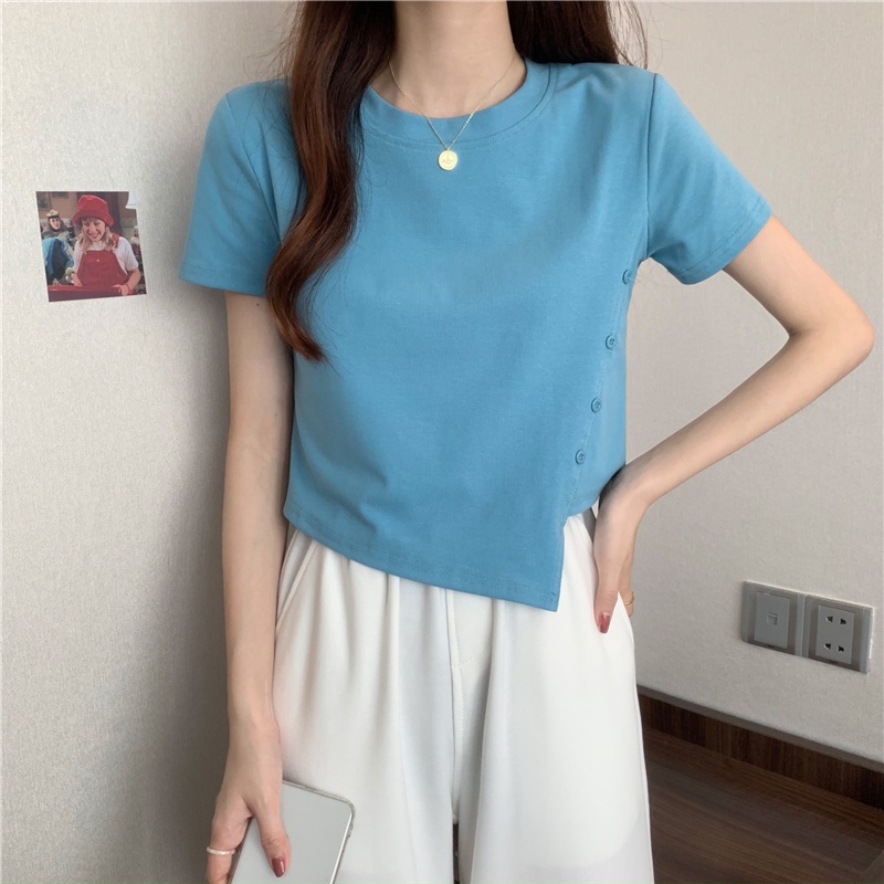 Suhao regular button design sense white short-sleeve t-shirt women s summer sweet hot girl slim fit and thin shoulder short top kaos import wanita kaos wanita korean style lengan pendek kaos pendek perempuan