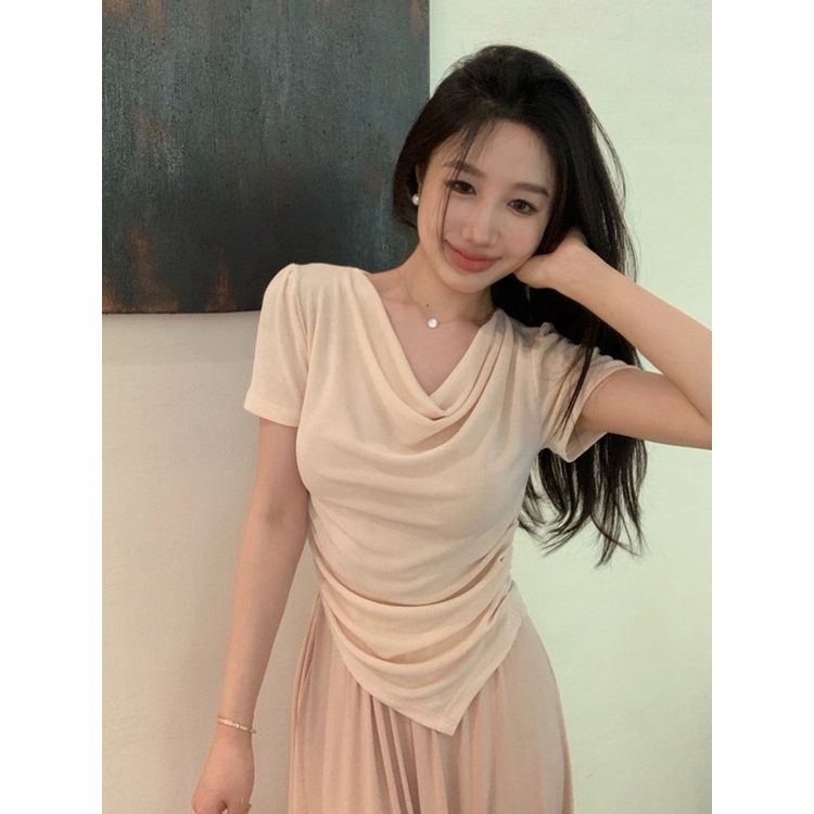 Suhao Irregular Pink Bahu V-Leher Lengan Pendek T-shirt Wanita Musim Panas Desain Perasaan Niche Slim Slim Lipit Kerah Atasan Kaos Import Wanita Kaos Wanita Gaya Korea Lengan Pendek Kaos Pendek Perempuan