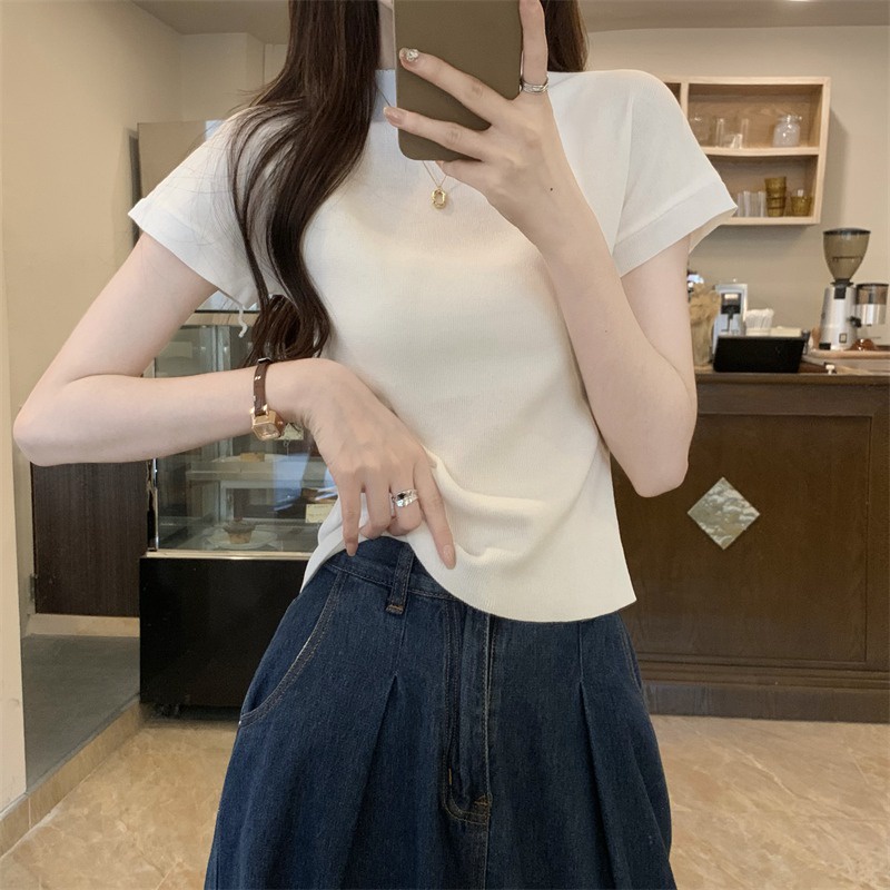 Suhao setengah tinggi kerah lengan pendek t-shirt wanita musim panas 2023 baru bagian tipis bottoming es sutra sweater depan bahu slim fit top kaos impor wanita kaos wanita gaya korea lengan pendek kaos pendek perempuan