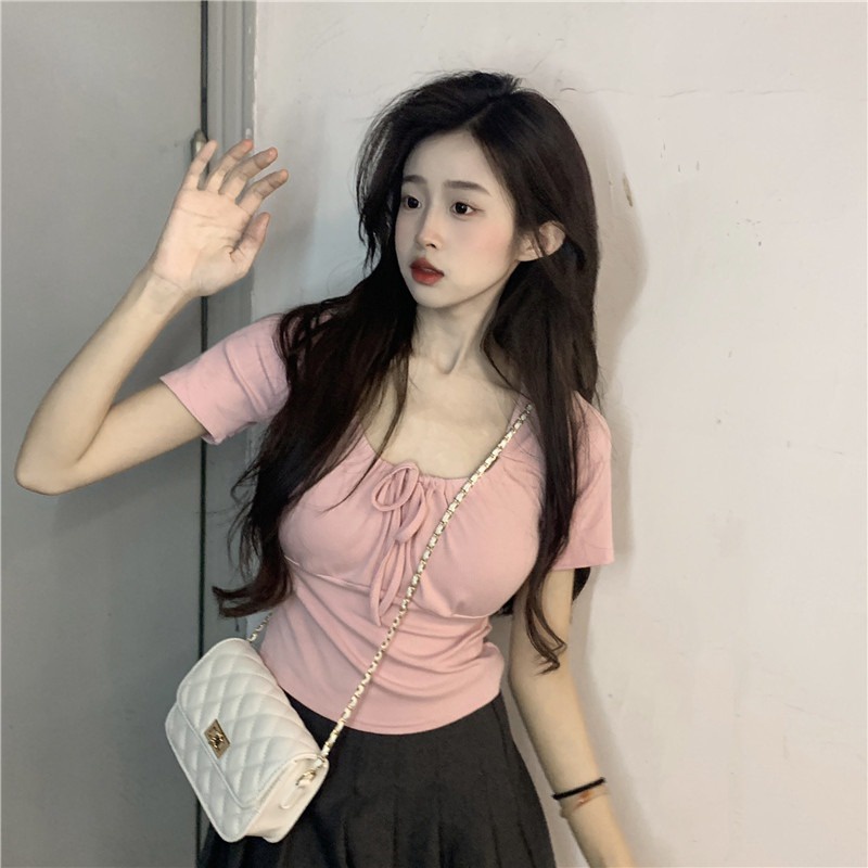 Suhao Pure Desire Style Square Neck White Lace Slim Short Sleeve Women s T-Shirt Summer Design Sense Niche Short Sweet Spice Girl Top kaos import wanita kaos wanita korean style lengan pendek kaos pendek perempuan