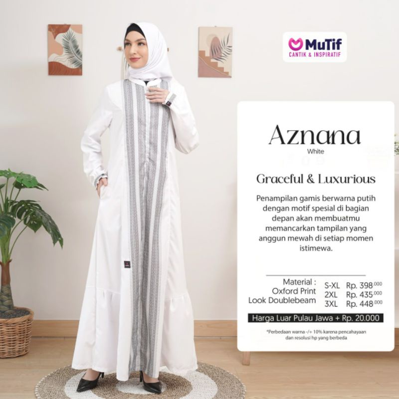 Mutif Aznana White Baju Muslim Gamis Dress Casual Premium Terbaru Ori Lebaran 2023 Sarimbit