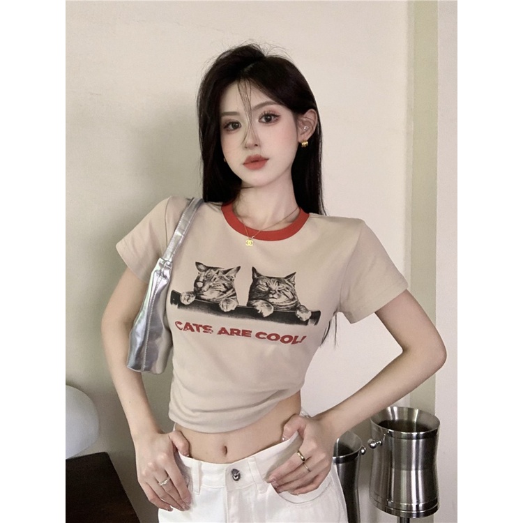 Suhao American retro lengan pendek t-shirt wanita musim panas kucing cetak kecil manis gadis panas pendek desain pinggang tinggi top kaos impor wanita kaos wanita gaya korea lengan pendek kaos pendek perempuan