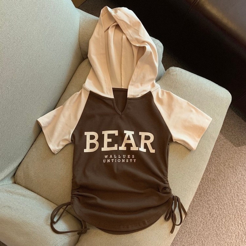 Suhao American retro bahu depan lengan pendek t-shirt wanita musim panas manis hot gadis serut pendek top raglan bahu berkerudung setengah lengan T-shirt kaos impor wanita kaos wanita gaya korea lengan pendek kaos pendek perempuan