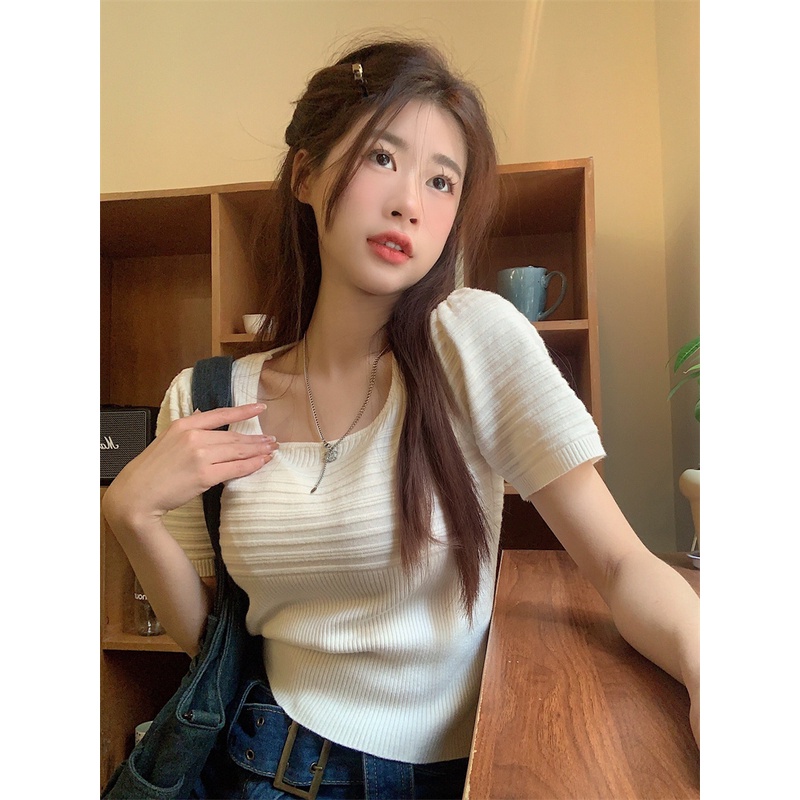 Suhao French puff sleeve square collar front shoulder T-shirt women s summer new thin section ice silk knitted short-sleeve sweet and spicy short top kaos import wanita kaos wanita korean style lengan pendek kaos pendek perempuan