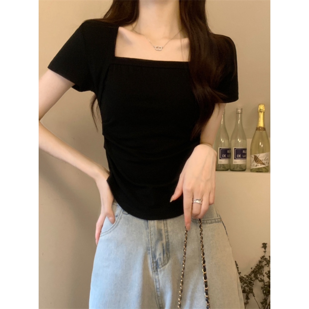 Suhao Pure Desired Warna Kopi Kerah Persegi Bahu Depan Lengan Pendek T-shirt Wanita Musim Panas Hot Girls Irregular Slim Chic Chic High Waist Jaket Kaos Import Wanita Kaos Wanita Gaya Korea Lengan Pendek Kaos Pendek Perempuan