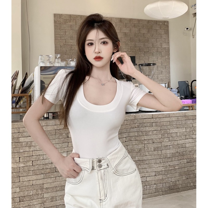 Suhao dopamin gaya manis pink u-neck bahu depan lengan pendek t-shirt wanita musim panas slim fit gaya keinginan murni pendek bottoming top tipis kaos impor wanita kaos wanita gaya korea lengan pendek kaos pendek perempuan