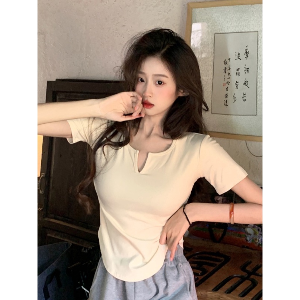 Suhao pink v-neck bahu depan lengan pendek T-shirt wanita musim panas gaya keinginan murni slim fit sexy irregular short sweet spicy top kaos import wanita kaos wanita gaya korea lengan pendek kaos pendek perempuan