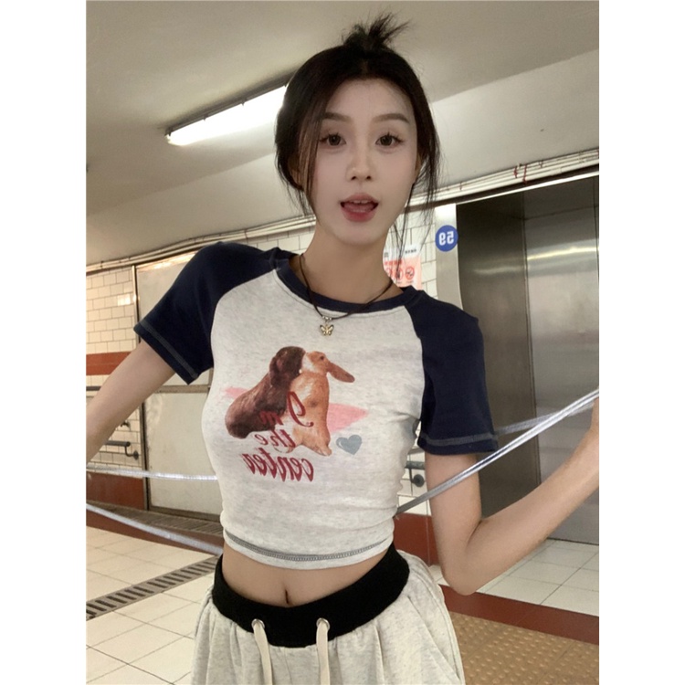 Suhao American Retro Raglan Bahu Lengan Pendek T-shirt Wanita Musim Panas Kelinci Cetak Desain Rasa Niche Pendek Pusar Hot Girl Top Kaos Import Wanita Kaos Wanita Gaya Korea Lengan Pendek Kaos Pendek Perempuan