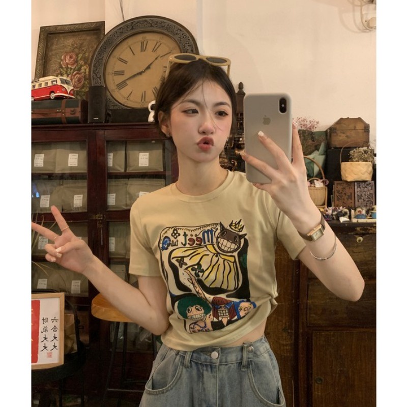 Suhao bahu depan lengan pendek t-shirt wanita musim panas 2023 baru American retro cetak slim fit atasan pendek kaos impor wanita kaos wanita gaya korea lengan pendek kaos pendek perempuan
