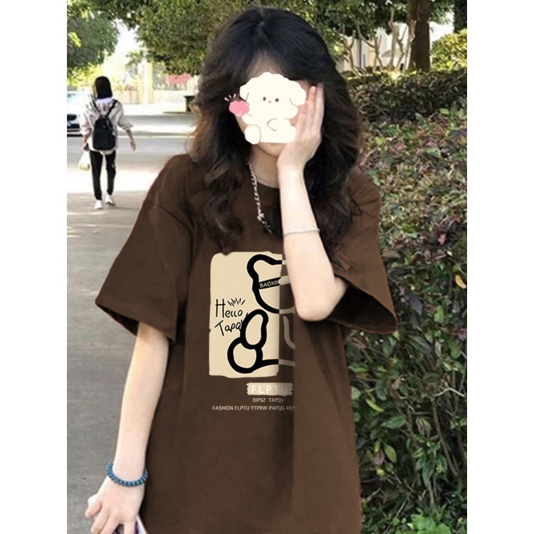 Suhao t-shirt trendy brand women s new 2023 summer shoulder short-sleeve design sense niche Hong Kong style chic top loose T-shirt kaos import wanita kaos wanita gaya korea lengan pendek kaos pendek perempuan