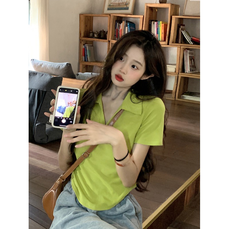 ✺Suhao kaos import wanita kaos wanita gaya korea lengan pendek kaos pendek perempuan pure desire irregular pink front shoulder polo collar short-sleeve t-shirt women s summer slim fit tight and thin lapel short top