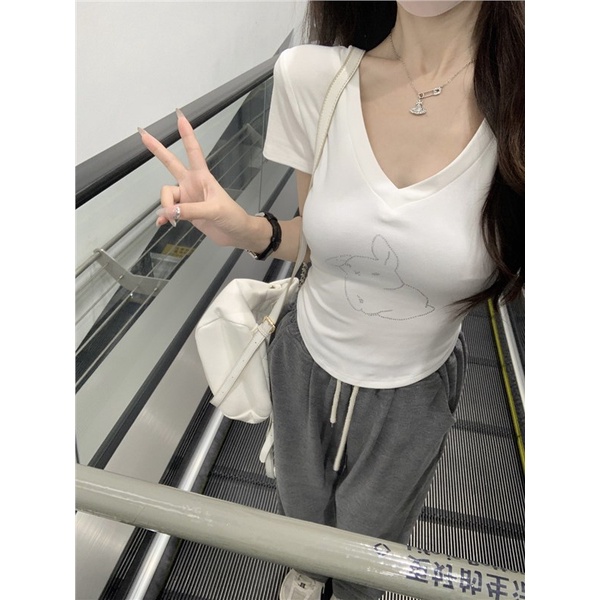 ☏❀Suhao kaos import wanita kaos wanita gaya korea lengan pendek kaos pendek perempuan irregular hot girl grey shoulder V-neck rabbit short-sleeve t-shirt women s summer large neck slim fit and thin short top