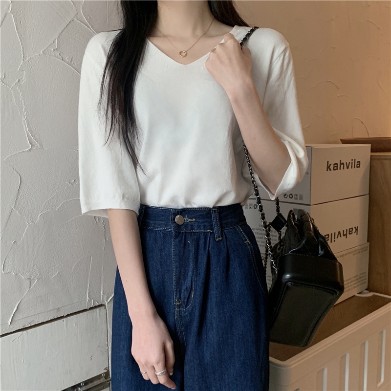 ∏☽❁Suhao kaos import wanita kaos wanita gaya korea lengan pendek kaos pendek perempuan Korean V-neck knitted short-sleeve T-shirt wanita musim panas tipis bagian dalam kemeja T-shirt front shoulder top beautiful foreign style small shirt