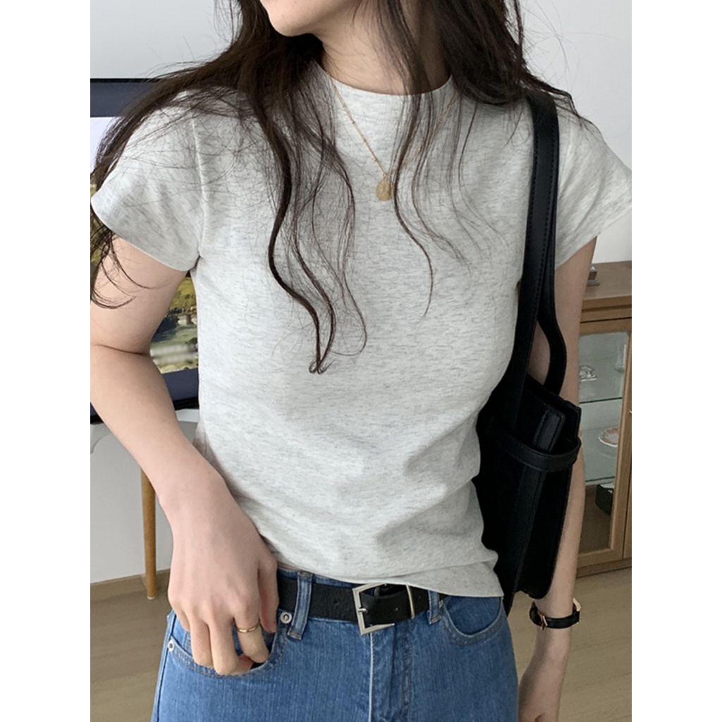 ♈✻❉Suhao kaos import wanita kaos wanita gaya korea lengan pendek kaos pendek perempuan Gaya Korea bahu depan lengan pendek T-shirt wanita musim panas slim half-high collar bottoming short T-shirt chic gaya Hong Kong