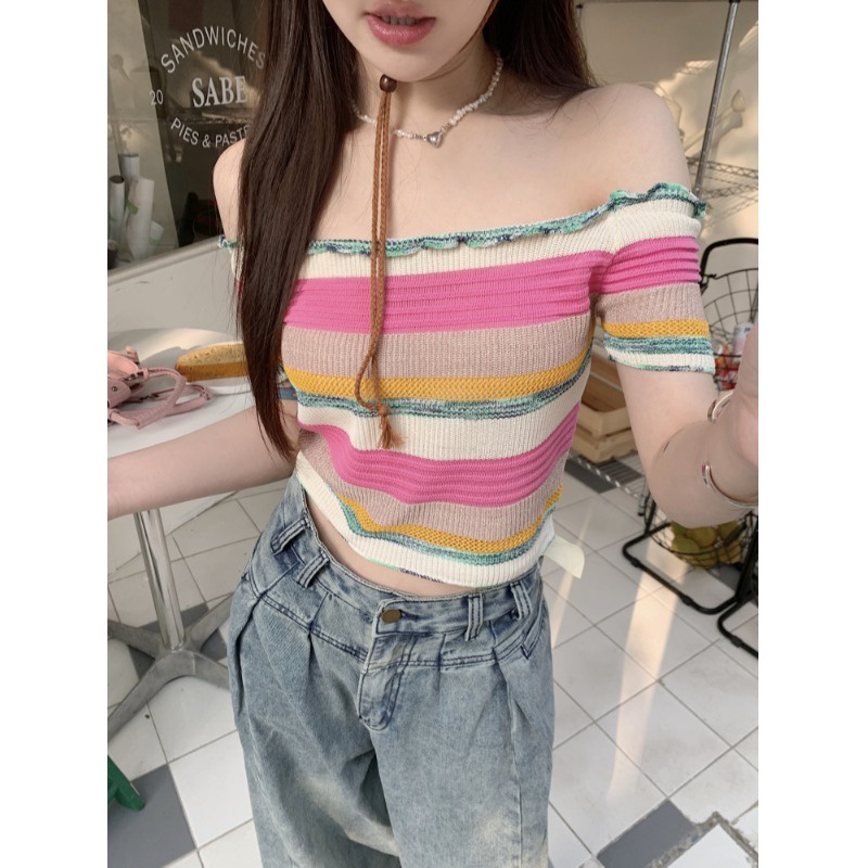 ►✹◘Suhao kaos import wanita kaos wanita korean style lengan pendek kaos pendek perempuan dopamine wear sweet style T-shirt new rainbow striped knitted short-sleeve women s sweet and spicy one-shoulder top short section