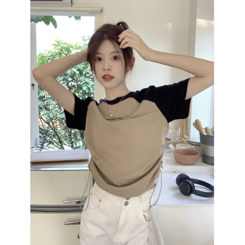 ✥△☃Suhao kaos import wanita kaos wanita gaya korea lengan pendek kaos pendek perempuan American retro drawstring raglan sleeve short T-shirt women s summer design sense niche hot girl short-sleeved cotton top ins