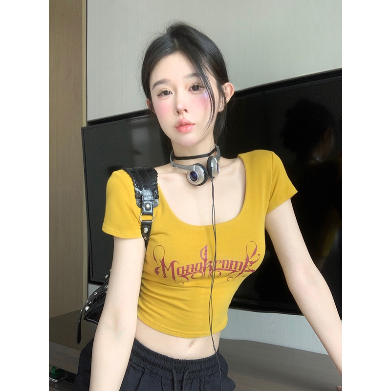 ▽Suhao kaos import wanita kaos wanita gaya korea lengan pendek kaos pendek perempuan Pure desire sexy collarbone big U-neck T-shirt female tight short-sleeve Thai style niche short crop top summer