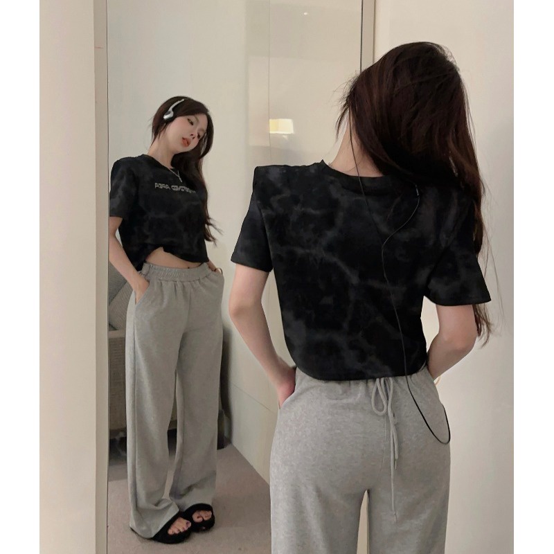 ◊❡Suhao kaos import wanita kaos wanita gaya korea lengan pendek kaos pendek perempuan American retro bahu depan lengan pendek T-shirt wanita musim panas 2023 baru gadis panas kecil tinggi pinggang pendek crop top