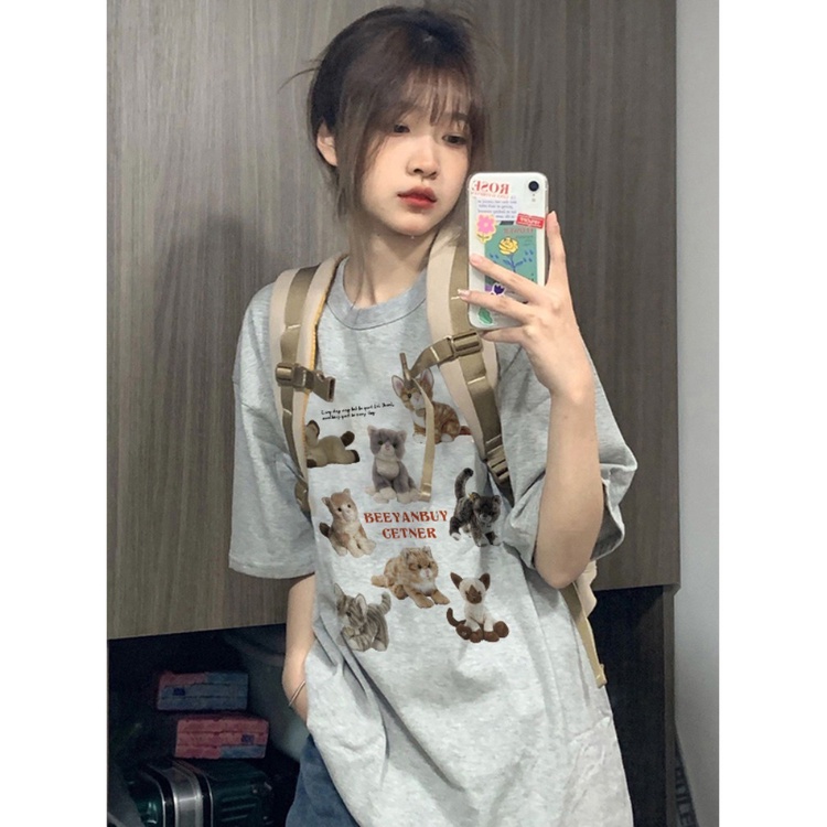 ☒Suhao kaos import wanita kaos wanita gaya korea lengan pendek kaos pendek perempuan putih abu-abu American style front shoulder short-sleeve t-shirt women s small summer 2023 new design sense niche half-sleeved top