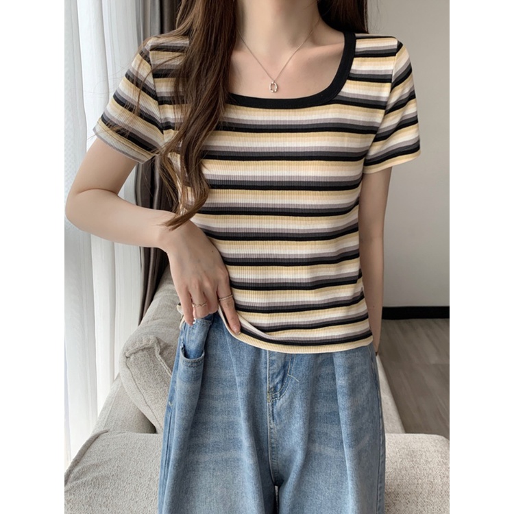 ℡₪✇Suhao kaos import wanita kaos wanita gaya korea lengan pendek kaos pendek perempuan Summer design sense is unique and unique chic niche non-collision top super nice striped square collar front shoulder short sleeve t-shirt for women