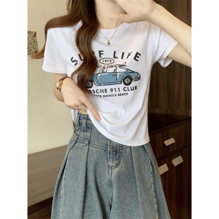 ۞▼✲Suhao kaos import wanita kaos wanita korean style lengan pendek kaos pendek perempuan pink letter print front shoulder short-sleeved T-shirt women s summer 2023 new slimming skinny sweet and spicy top