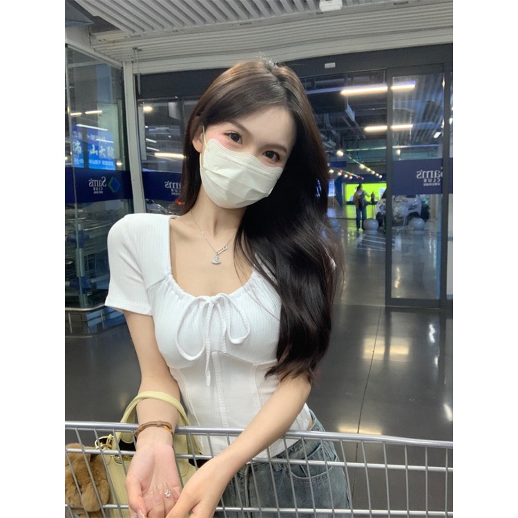 ❖☂Suhao kaos import wanita kaos wanita korean style lengan pendek kaos pendek perempuan babes white front shoulder square collar fishbone short-sleeved t-shirt women s summer regular slim fit tight short tie top