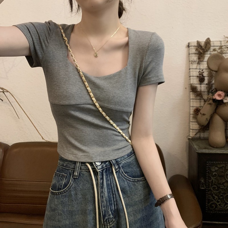 ❁Suhao kaos import wanita kaos wanita gaya korea lengan pendek kaos pendek perempuan abu-abu kerah persegi bahu depan lengan pendek t-shirt wanita musim panas hot girl pure desire self-budidaya pendek tidak teratur leher besar top musim panas