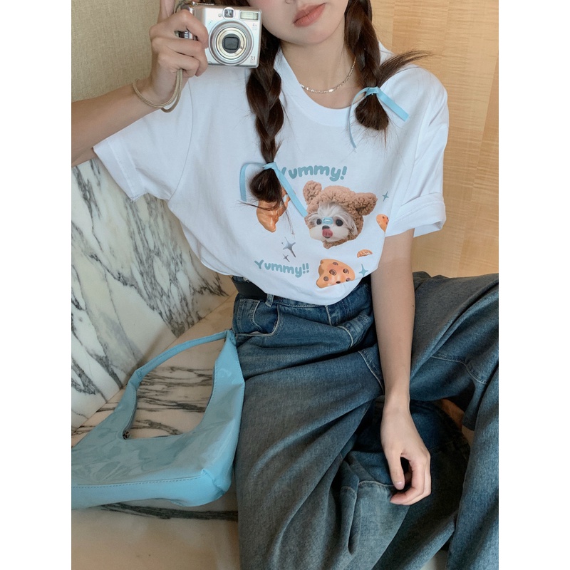 ✾Suhao Kaos Import Wanita Kaos Wanita Gaya Korea Lengan Pendek Kaos Pendek Perempuan Putih Lengan Pendek Puppy Cetak American Style longgar Wanita T-shirt Wanita Musim Panas Desain Niche Bahu Depan Tipis Bahan Katun