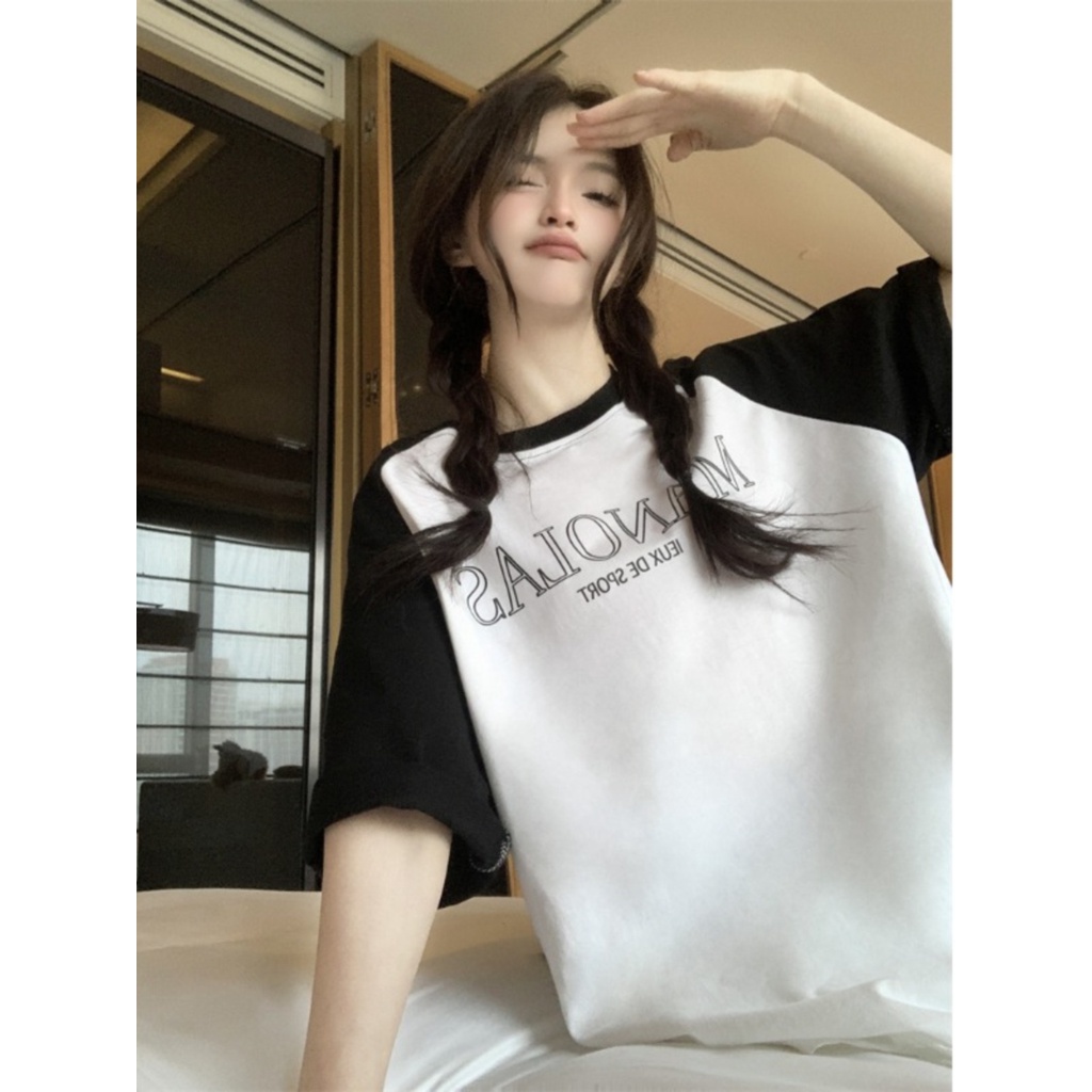 ▪✇Suhao kaos import wanita kaos wanita gaya korea lengan pendek kaos pendek perempuan American style raglan shoulder short-sleeved t-shirt women s summer design sense niche loose slim casual all-match cotton half-sleeved top