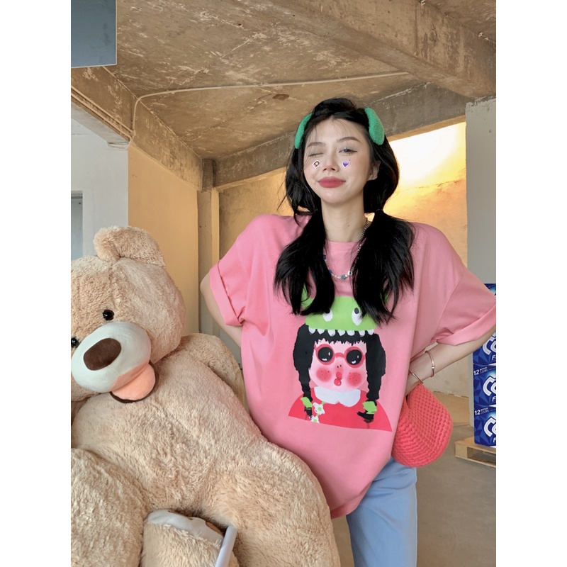 ✈◑▩Suhao kaos import wanita kaos wanita gaya korea lengan pendek kaos pendek perempuan American retro pink front shoulder short-sleeve t-shirt women s summer summer pure cotton half-sleeve T-shirt oversize casual top