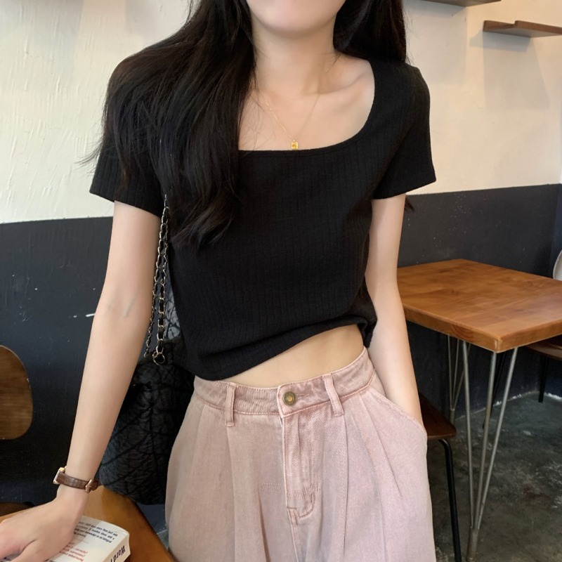 ▥❦Suhao kaos import wanita kaos wanita gaya korea lengan pendek kaos pendek perempuan aprikot ice silk square collar knitted shoulder short-sleeved T-shirt women s summer small man age-reducing collarbone t-shirt hot girl short top