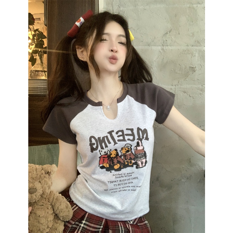 ❡▨Suhao kaos import wanita kaos wanita gaya korea lengan pendek kaos pendek perempuan American retro bear print t-shirt lengan pendek wanita musim panas v-neck sweet hot girl slim cotton design short top