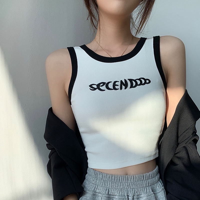 Red Kamisol Pakaian Luar Musim Panas Wanita 2023 Baru Bagian Tipis Bagian Pendek Pusar Kemeja Putih Slim Fit Tanpa Lengan Bottoming Top