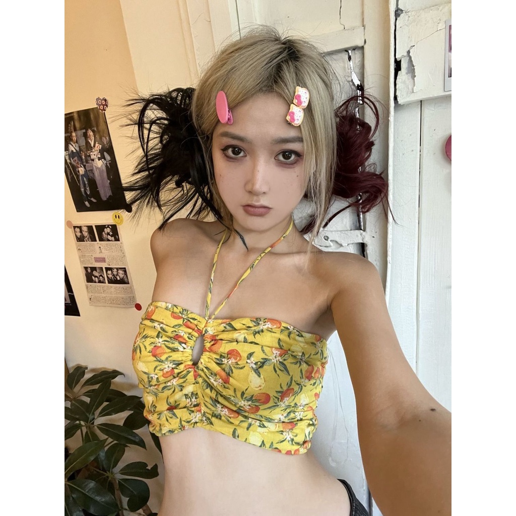 Red Hot girl Shibuya y2k retro sexy small floral hanging neck small sling tube top two wear short vest summer new