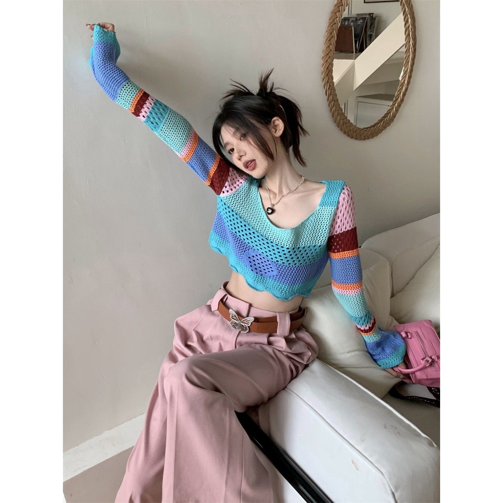 Red Rainbow bergaris sweater wanita berongga blus musim panas rasa desain baru ceruk manis hot gadis pendek atas lengan panjang