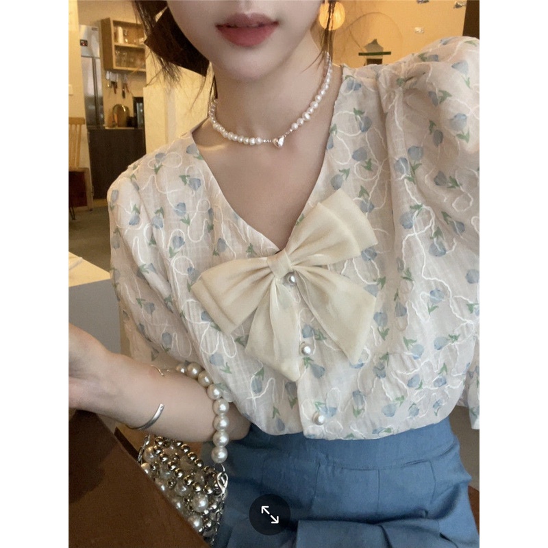 Kemeja sifon lengan pendek ikatan simpul lengan engah musim panas baru