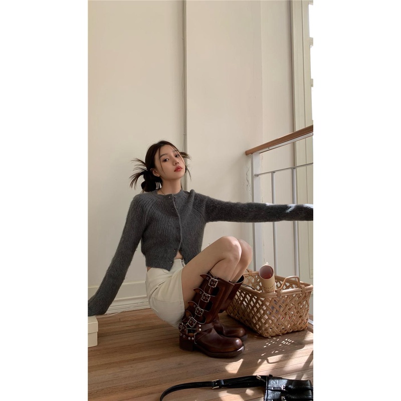 08#Tembakan Nyata Hemat Biaya Mantel Sweter Kecil dengan Kancing Kerah Bulat