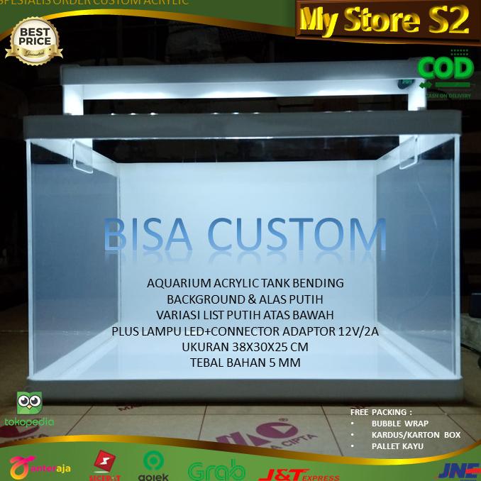 Aquarium Akrilik Background Alas Putih Dan Lampu Led 38X30X25 Cm - 5Mm
